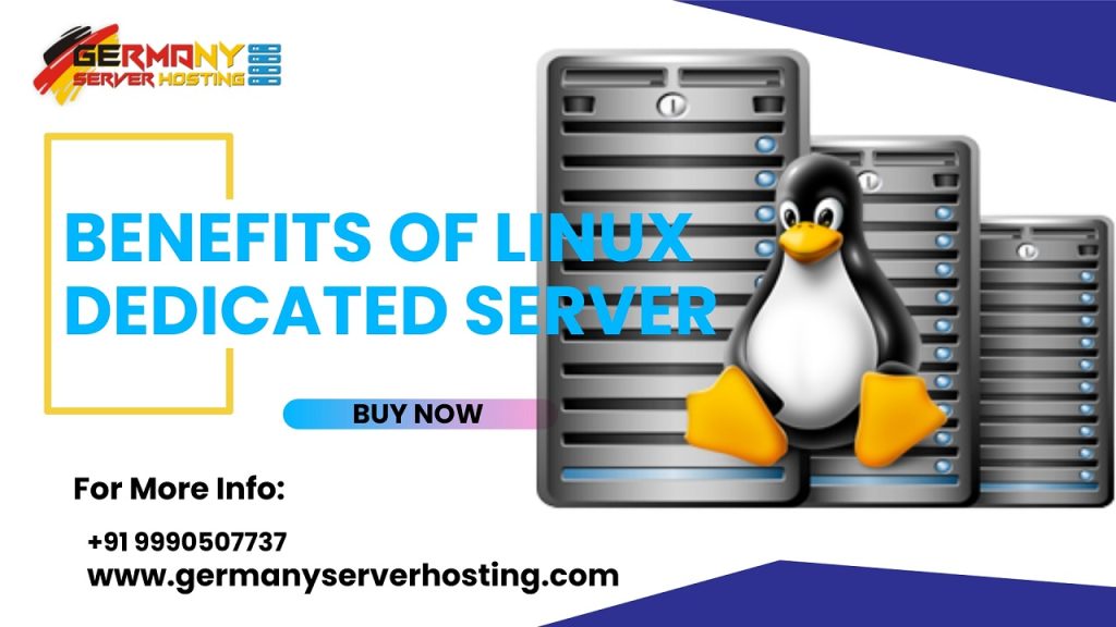 Illustration representing the Benefits of Linux Dedicated Server: A powerful server icon surrounded by icons symbolizing stability, customization, security, and flexibility.